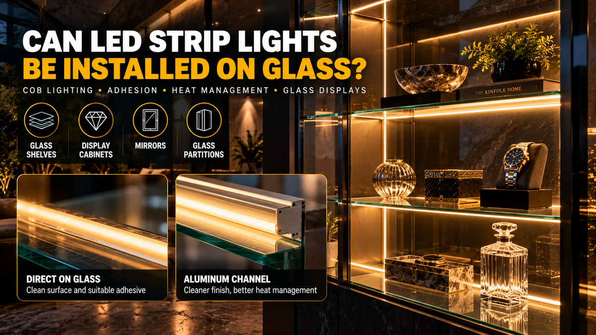 COB LED strip lights installed on glass shelves in a luxury display cabinet, showing continuous warm white illumination, concealed wiring, and aluminum LED channel mounting.