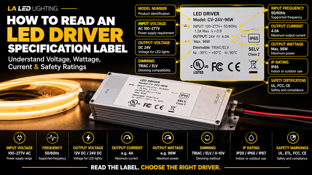 LED driver specification label explained with input and output voltage, wattage, current, dimming, IP rating, and electrical safety information.
