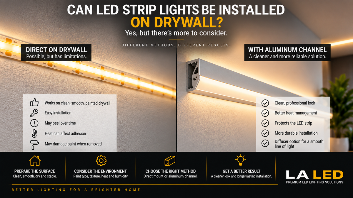 COB LED strip lighting installed on painted drywall with a comparison between direct adhesive mounting and an aluminum LED channel for cleaner mounting, heat management, and a professional finish.
