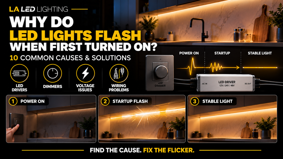 LED lights flashing when first turned on, showing common causes including LED driver startup, incompatible dimmers, voltage problems, and electrical connections.