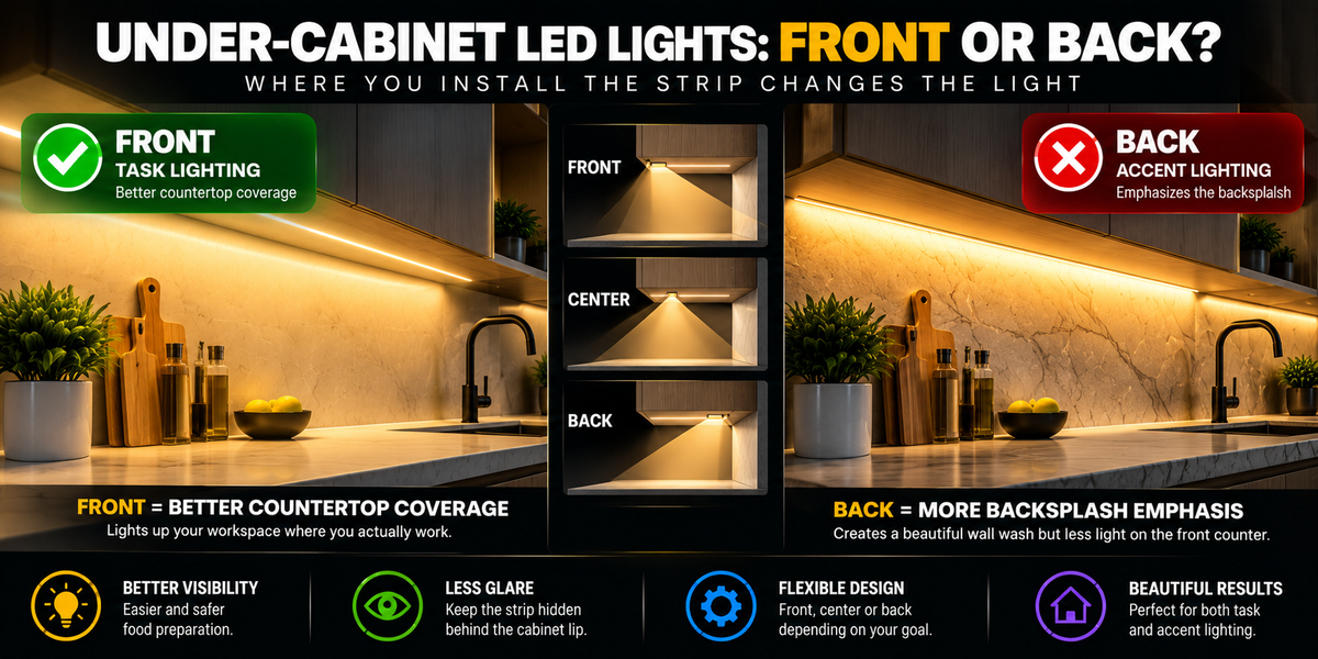 Front versus back under-cabinet COB LED strip placement showing better countertop task lighting near the front and stronger backsplash accent lighting near the back.