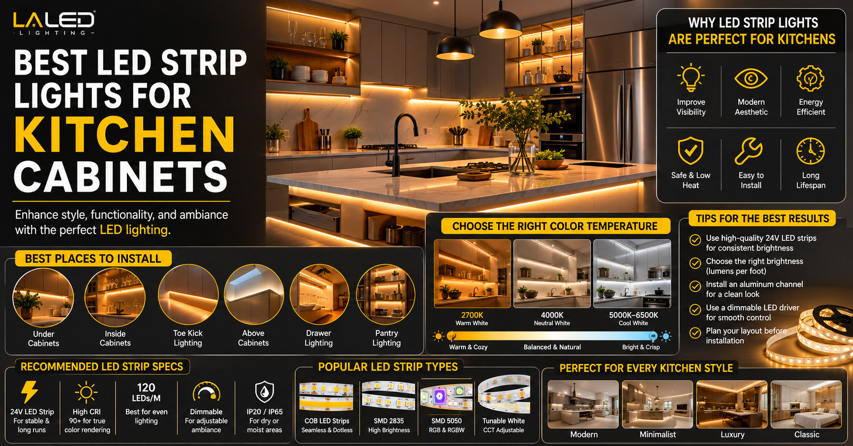 Kitchen lighting infographic showcasing the best LED strip lights for kitchen cabinets.