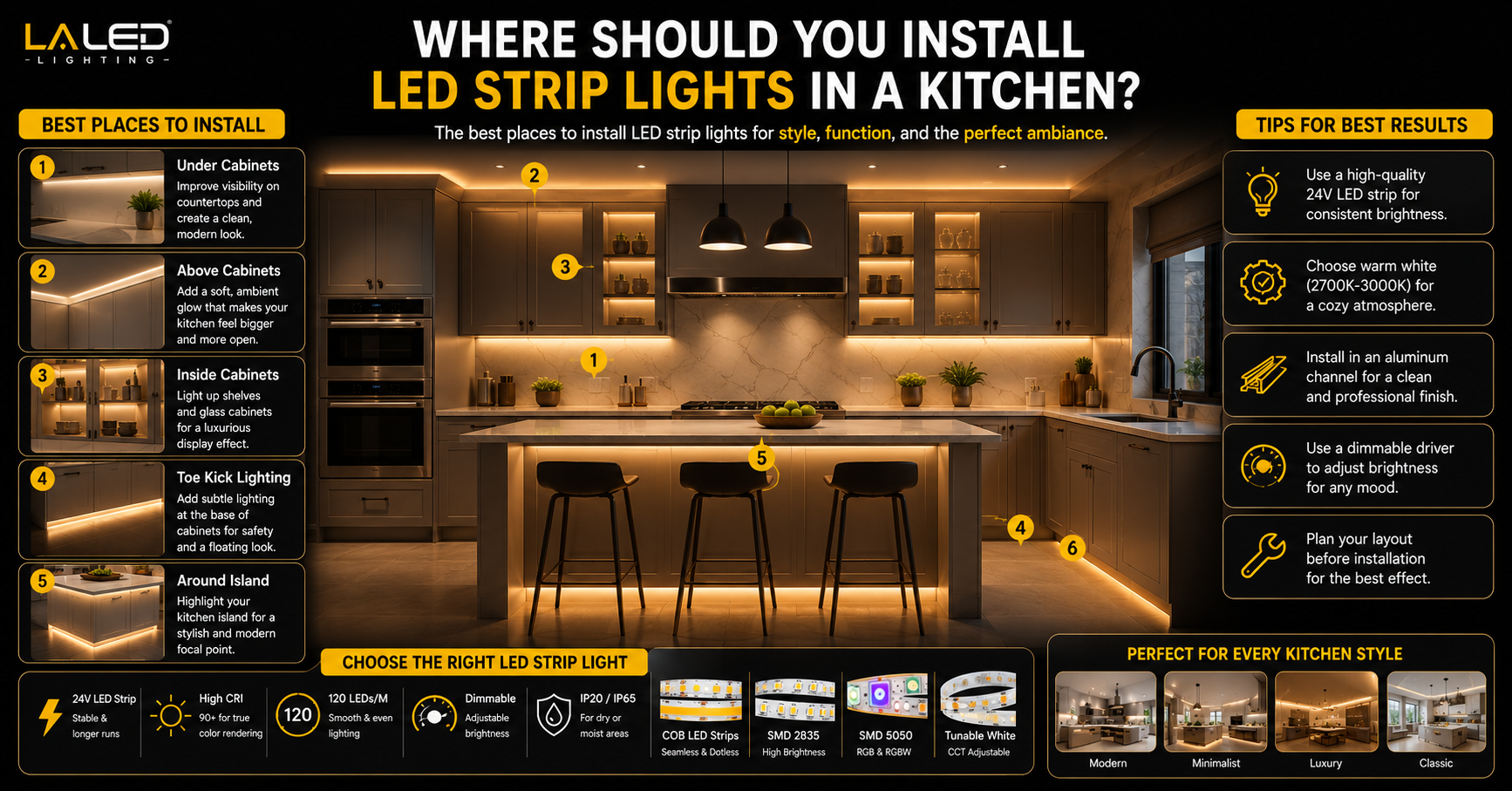 Kitchen lighting infographic illustrating the best locations to install LED strip lights in a kitchen.