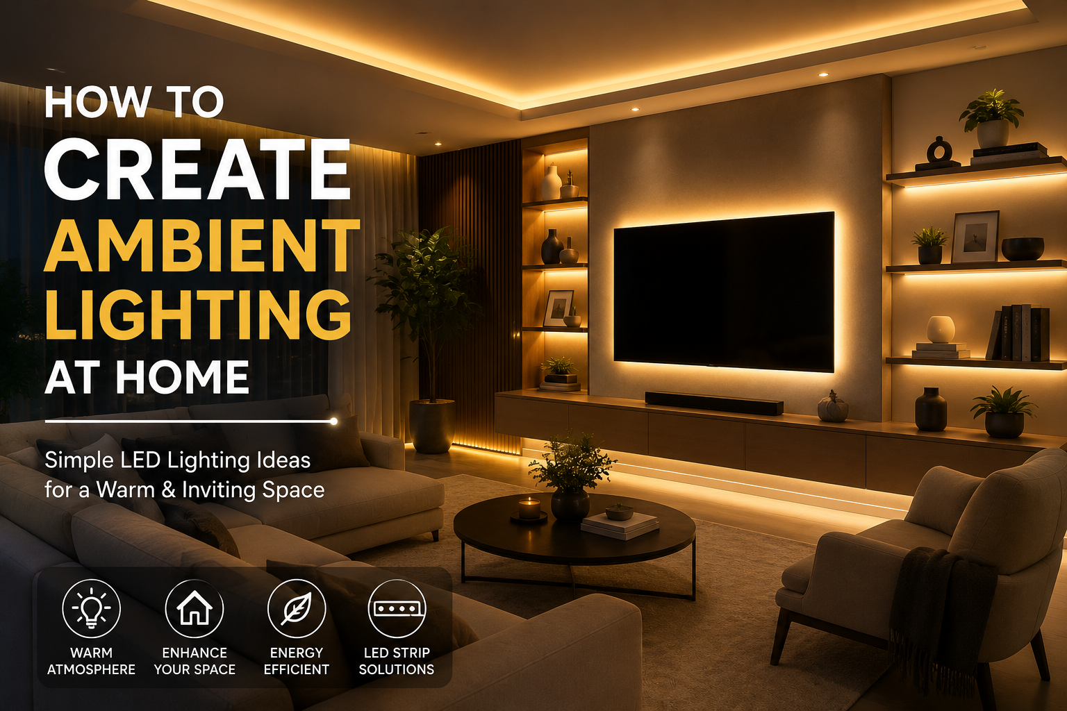Modern living room illuminated with warm ambient LED lighting