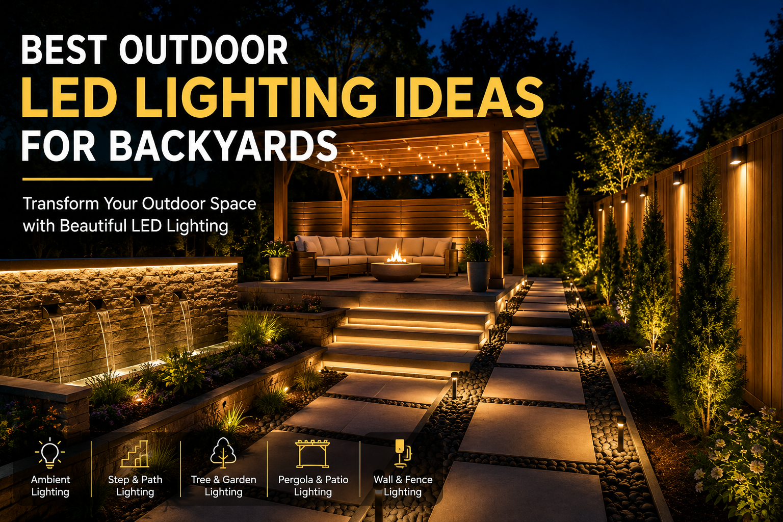 A beautifully designed modern backyard illuminated with warm LED lighting at night
