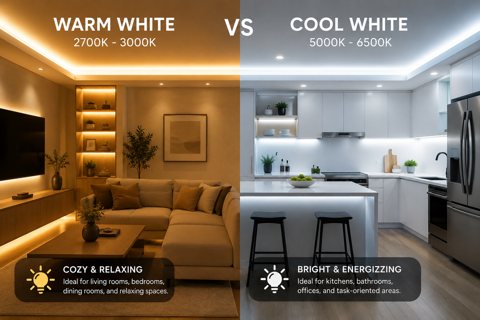Side-by-side comparison of warm white and cool white LED lighting.