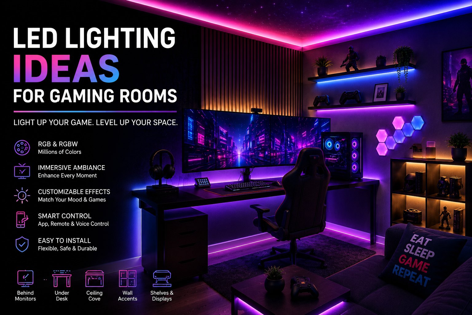 Modern gaming room featuring RGB LED strip lighting behind monitors, along the ceiling, under the desk, and on floating shelves with a customizable ambient lighting setup.