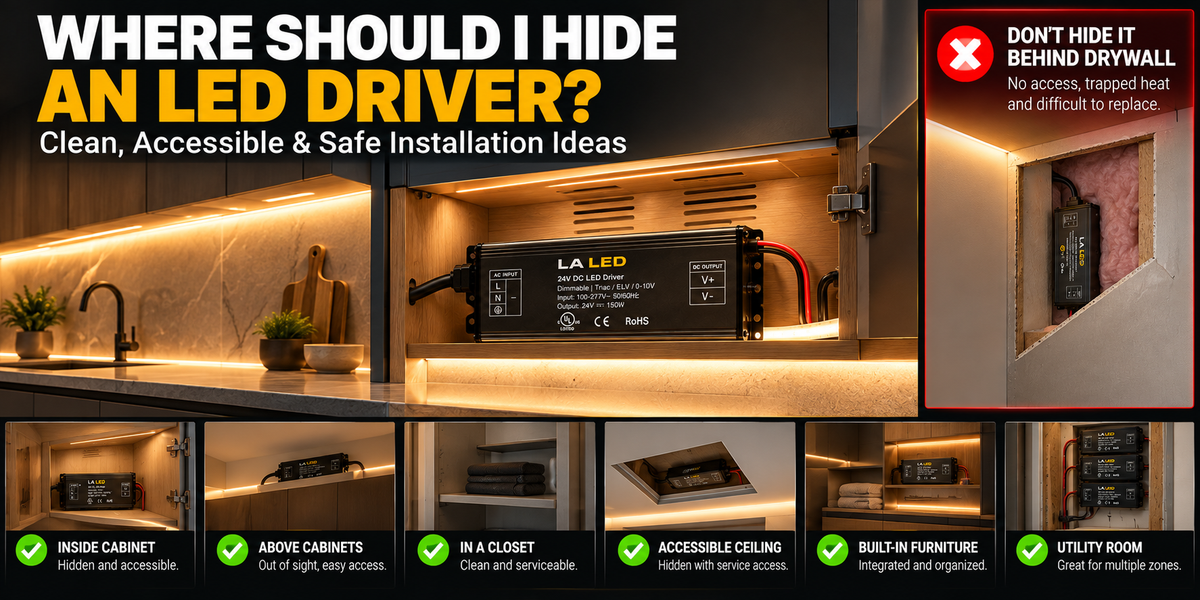 LED driver hidden inside an accessible ventilated cabinet powering COB LED strip lighting in a modern interior, demonstrating a clean and serviceable LED driver installation.