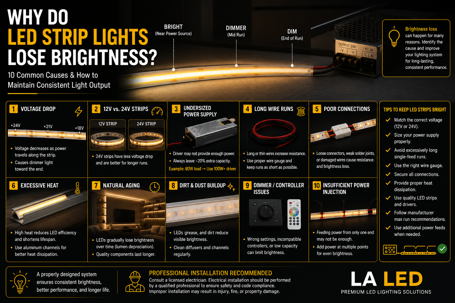 COB LED strip lighting showing reduced brightness along a long run, illustrating voltage drop, heat, power supply sizing, and other common causes of LED brightness loss.