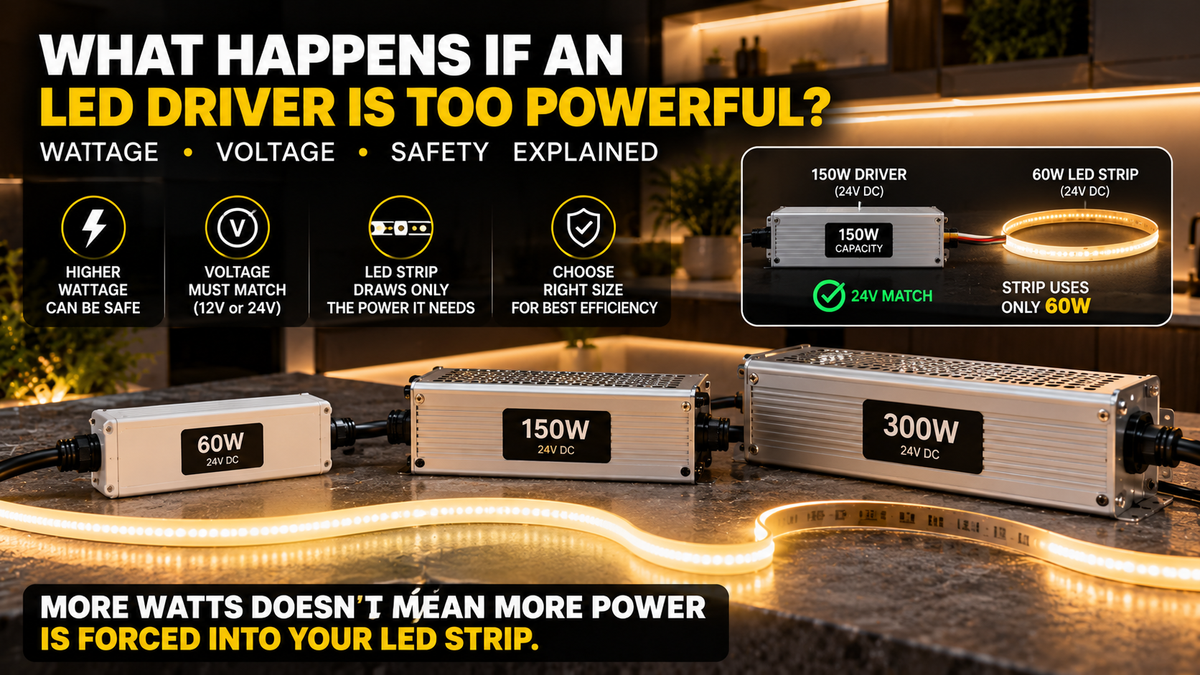 Comparison of LED drivers with different wattage ratings showing why a higher-capacity constant-voltage driver does not automatically damage compatible COB LED strip lights.