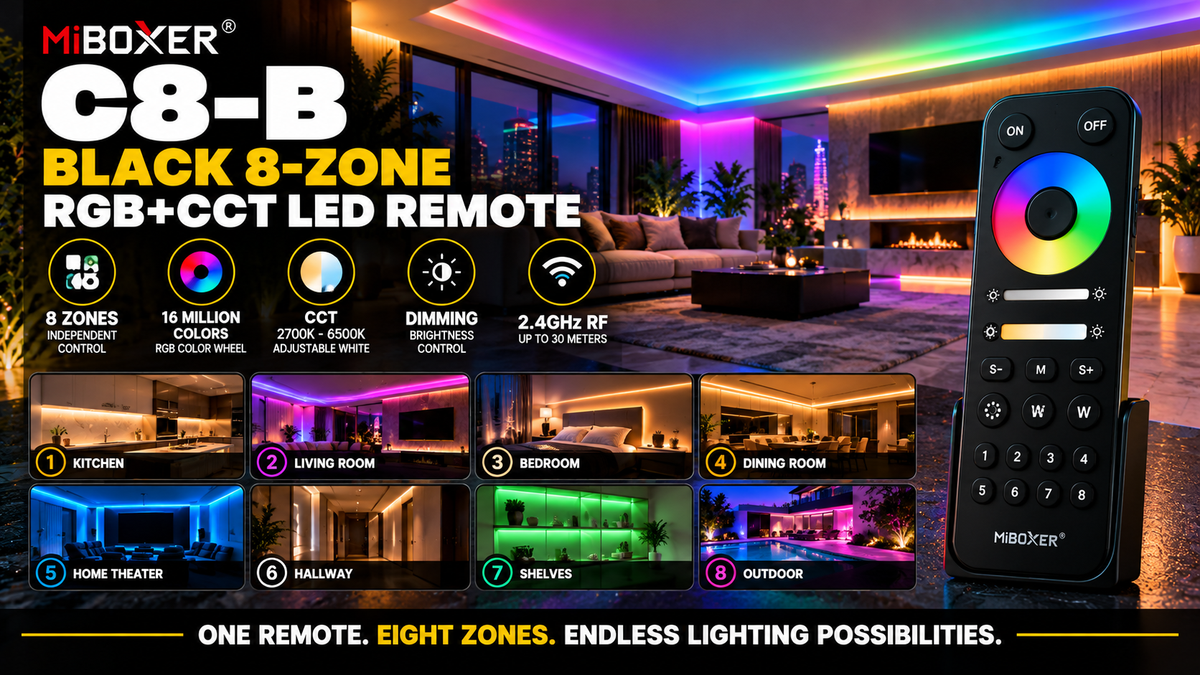 MiBoxer C8-B black eight-zone RGB+CCT LED remote with 2.4GHz RF wireless control, RGB color wheel, brightness adjustment, and tunable white lighting.
