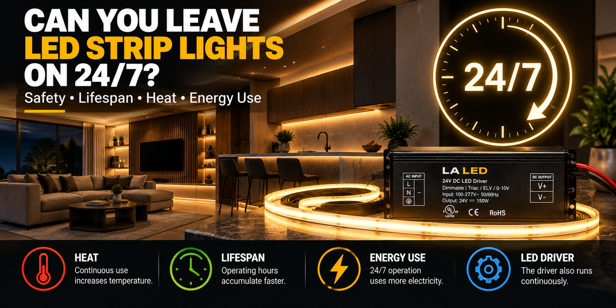 COB LED strip lights operating continuously in a modern interior with a 24/7 clock and LED driver, illustrating heat, lifespan, safety, and energy use during continuous operation.