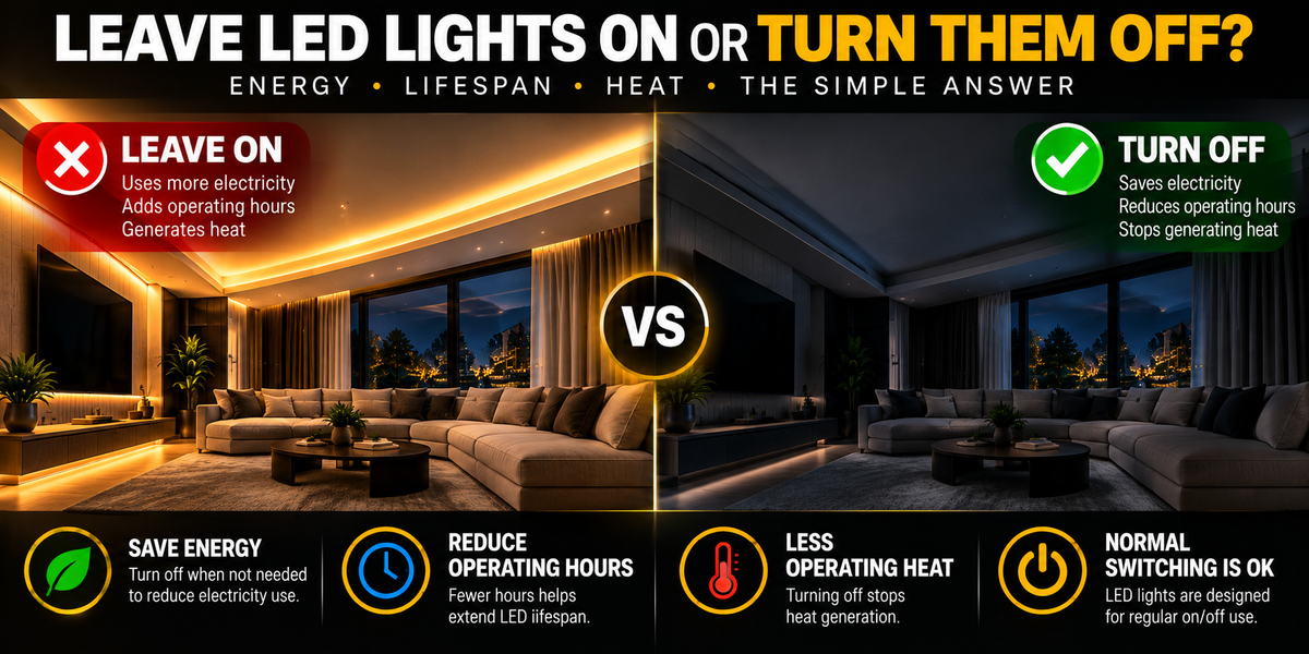 LED lights on versus off comparison showing how turning unnecessary COB LED lighting off can save energy, reduce operating hours, and reduce operating heat.