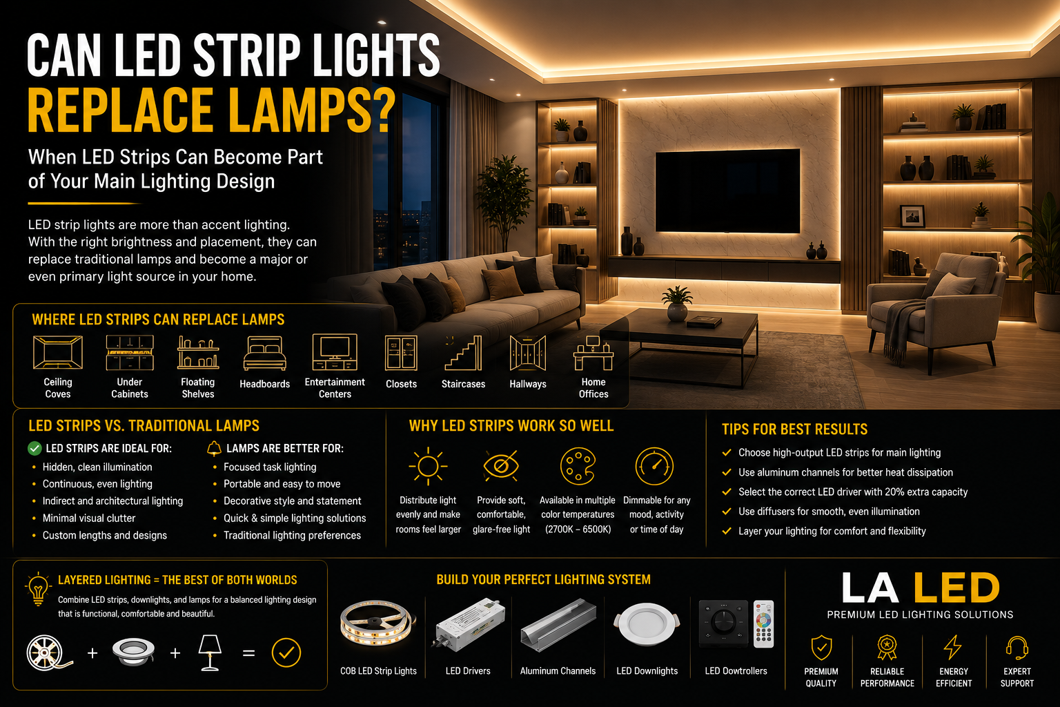 Modern living room illuminated with warm white COB LED strip lights in ceiling coves, shelves, and architectural features, demonstrating how LED strips can replace or complement traditional lamps.