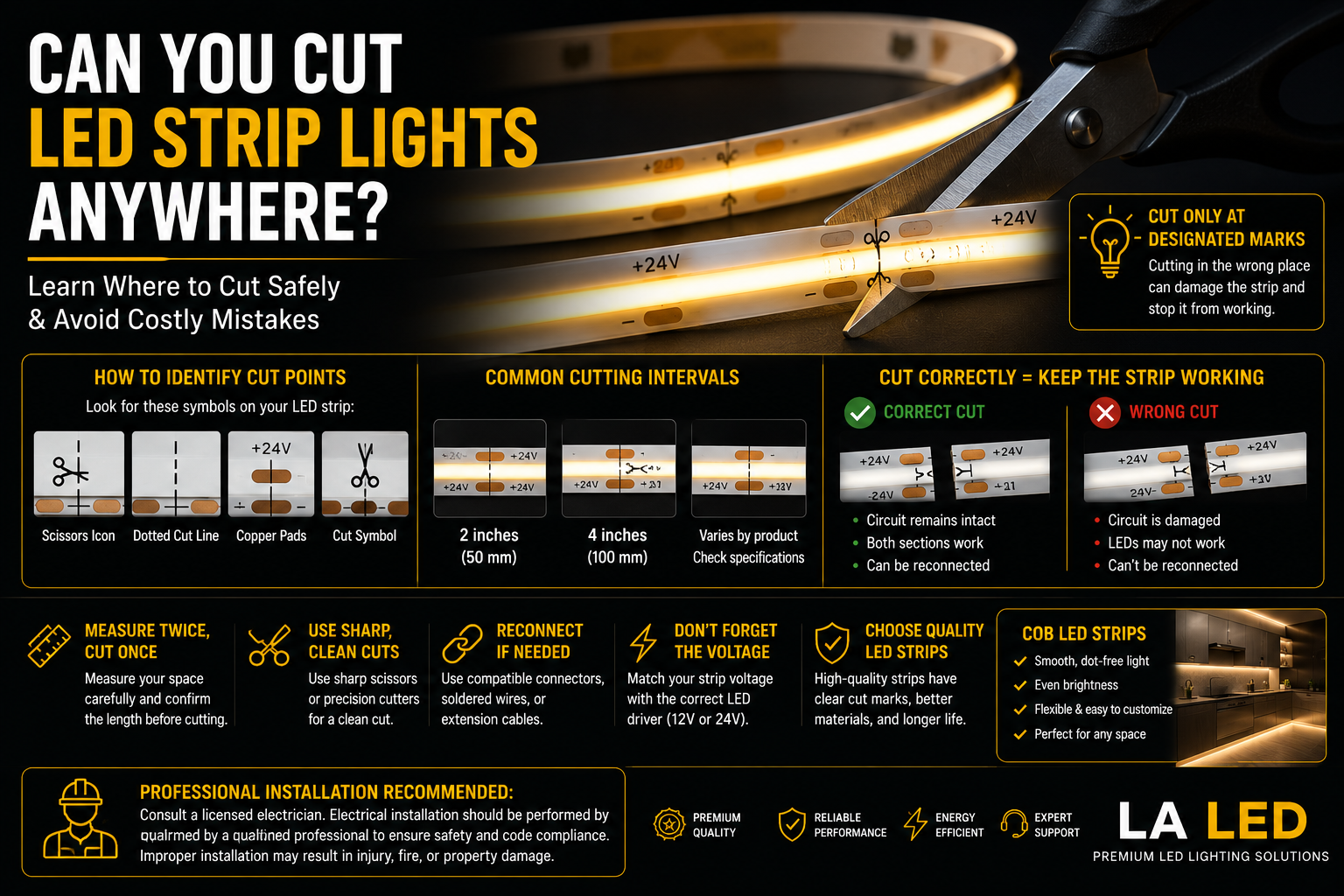 COB LED strip light showing designated cutting marks with scissors cutting at the correct location, illustrating how to safely cut LED strip lights without damaging the electrical circuit.