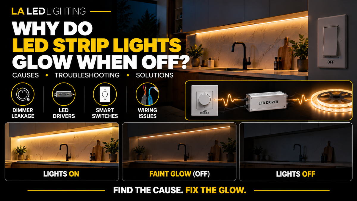 COB LED strip lights glowing faintly when switched off, illustrating common causes such as dimmer leakage, LED driver residual energy, smart switches, and wiring issues.