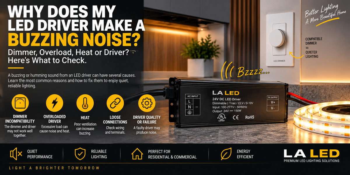 Buzzing LED driver connected to COB LED strip lighting and a wall dimmer, showing common causes including dimmer compatibility, overload, loose wiring, overheating, and driver problems.