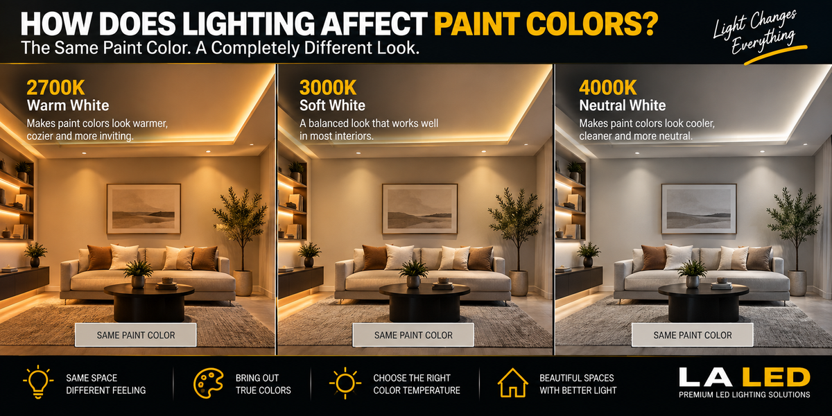 Same interior paint color shown under 2700K, 3000K, and 4000K LED lighting, demonstrating how color temperature, CRI, and light quality affect the appearance of wall paint.