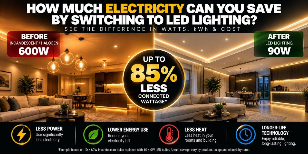 Traditional lighting versus LED lighting energy comparison showing how switching to efficient LED lights can reduce wattage, electricity use, heat, and annual energy costs.