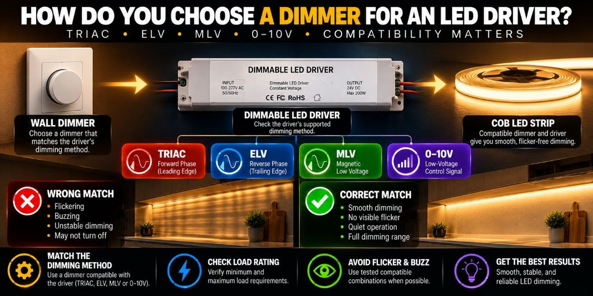 LED dimmer and driver compatibility guide showing TRIAC, ELV, MLV, and 0–10V dimming options connected to a dimmable driver and COB LED strip.