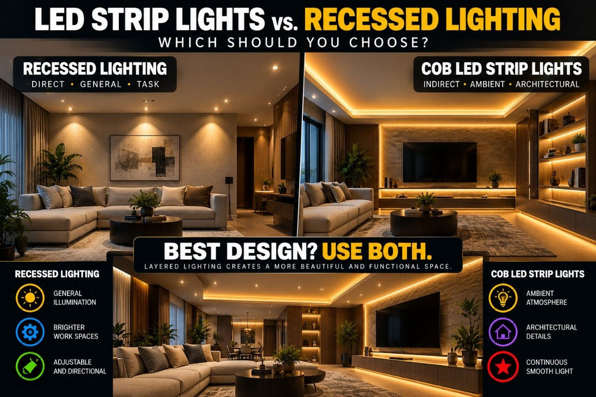 LED strip lights versus recessed lighting in a modern living room showing direct recessed downlights, indirect COB cove lighting, and a layered lighting design combining both.