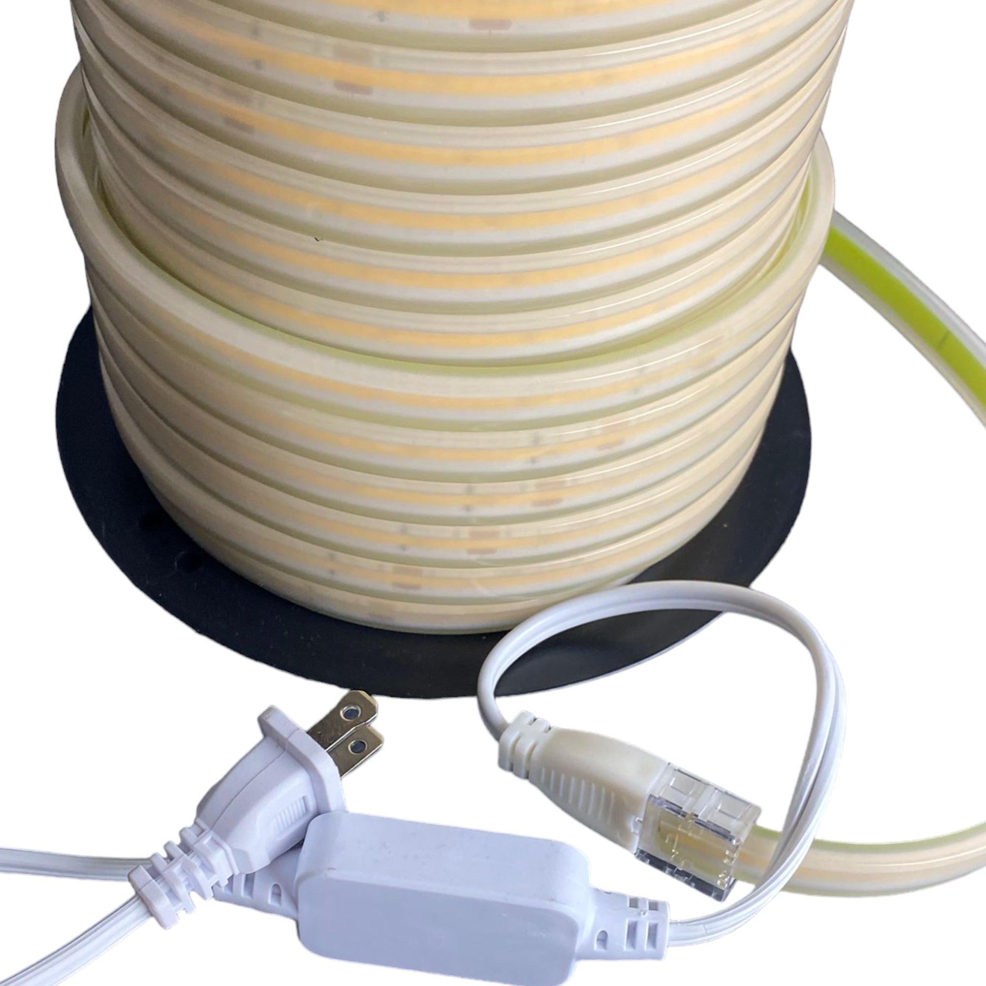UL certified outdoor 110V COB LED strip light IP65 showing AC power plug rectifier cable and waterproof connector