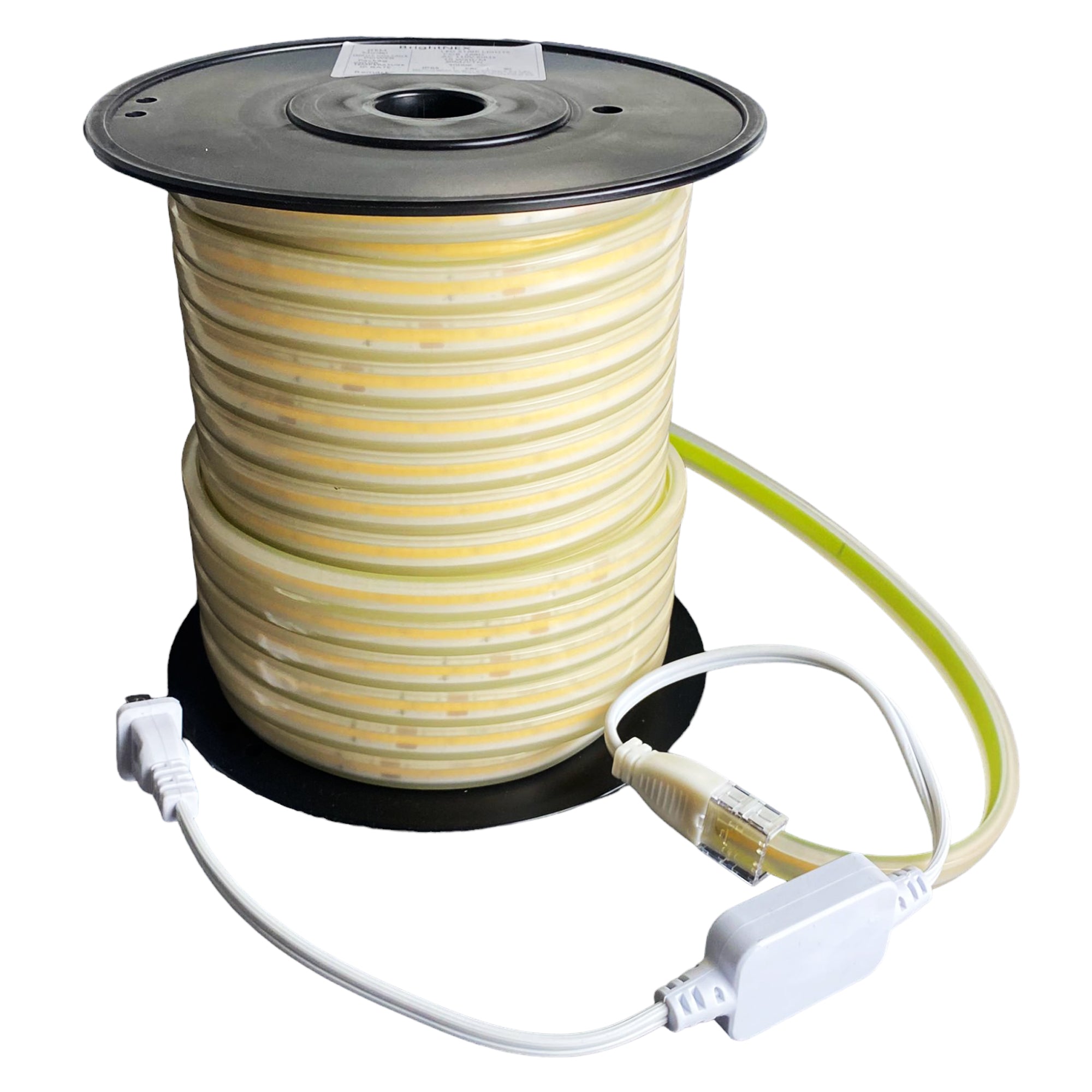 UL certified outdoor 110V COB LED strip light IP65 on reel showing integrated power cable and waterproof strip design