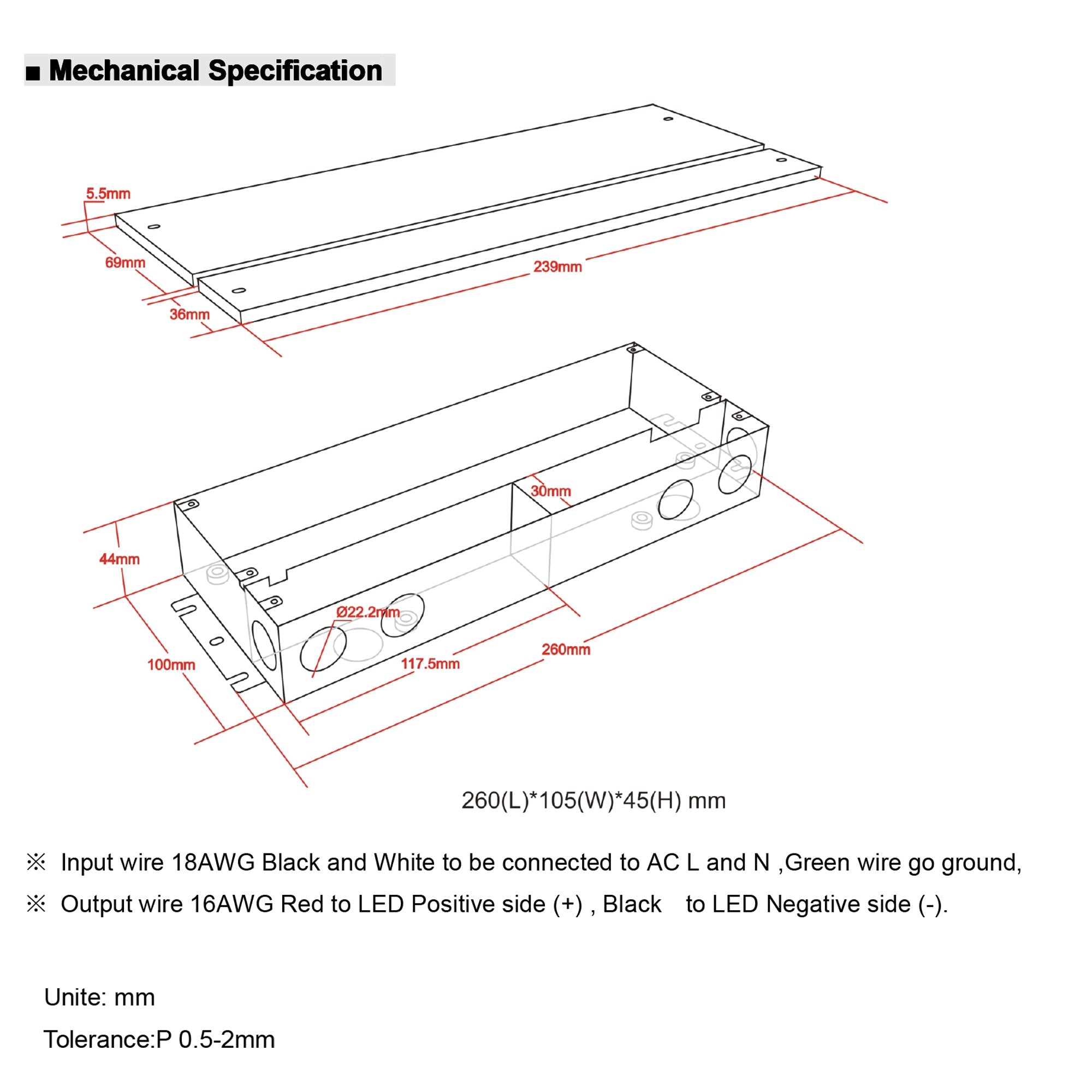 Mechanical drawing of 150W LED driver with junction box showing enclosure dimensions and knockout locations