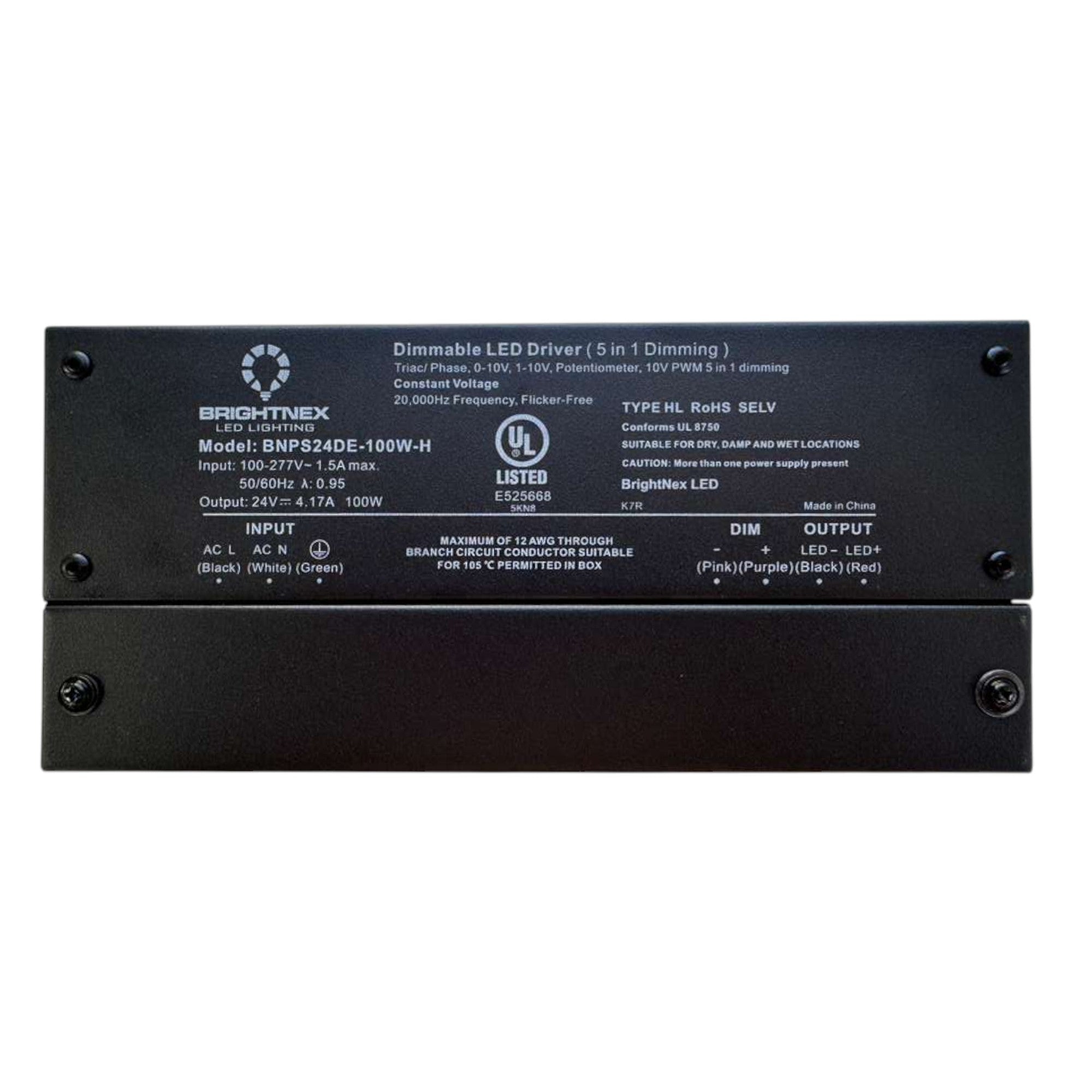 100W 5-in-1 dimmable LED driver with UL Listed junction box and 12V/24V constant voltage output