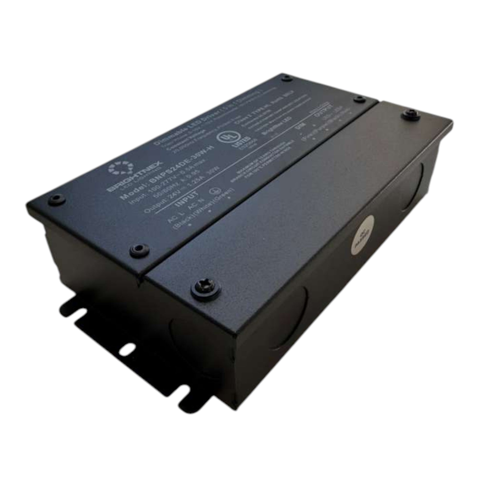 Angled view of 30W LED driver showing compact metal housing and wiring knockouts