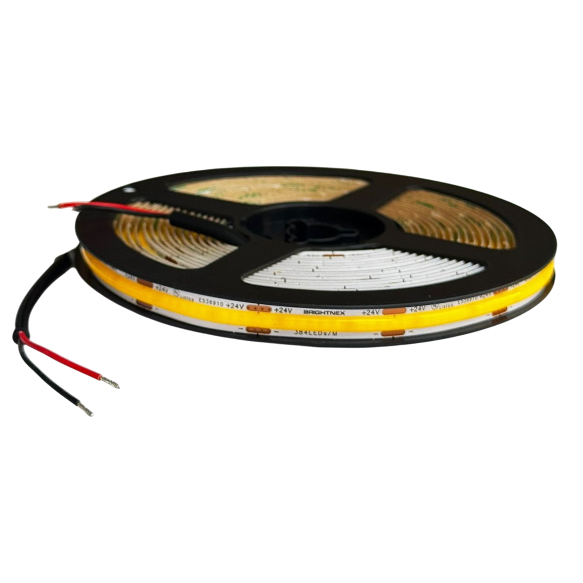 UL certified indoor 24V COB LED strip light with power connection wires on reel