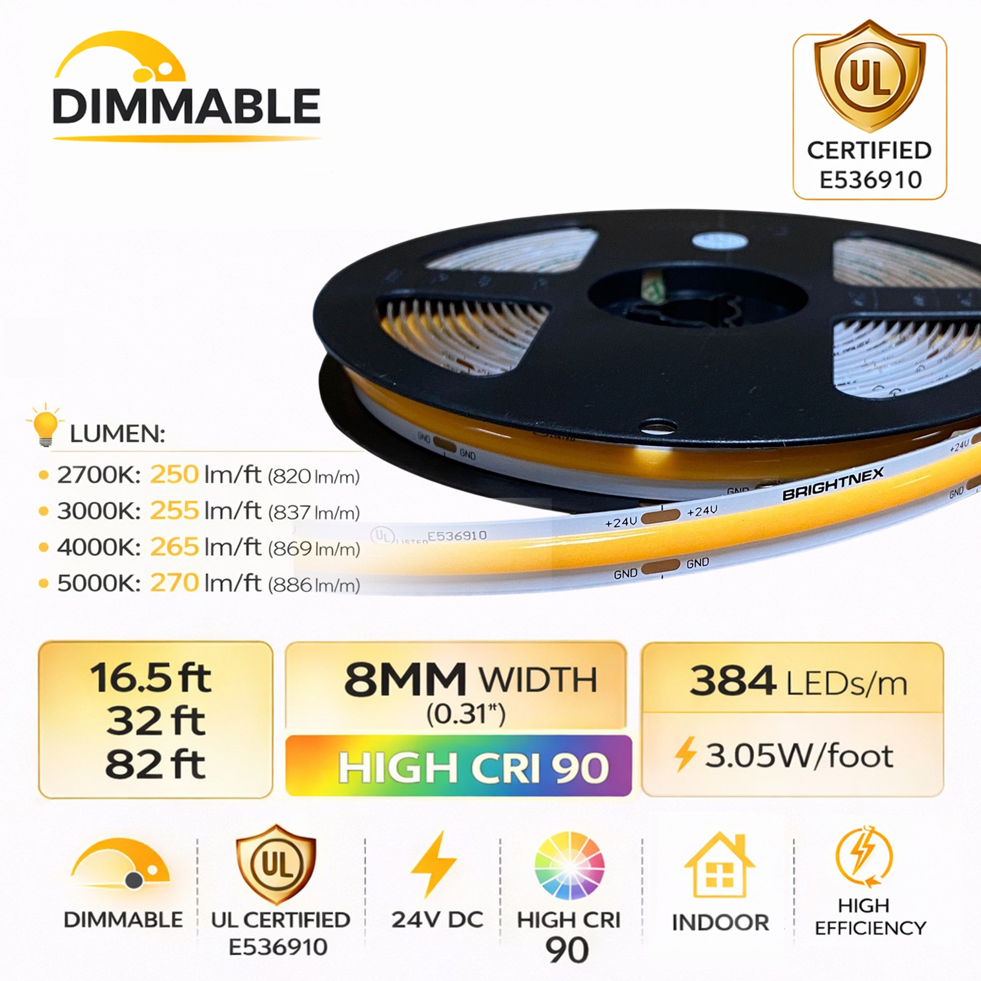 UL certified indoor 24V COB LED strip light specifications showing CRI 90 384 LEDs per meter and 8mm width