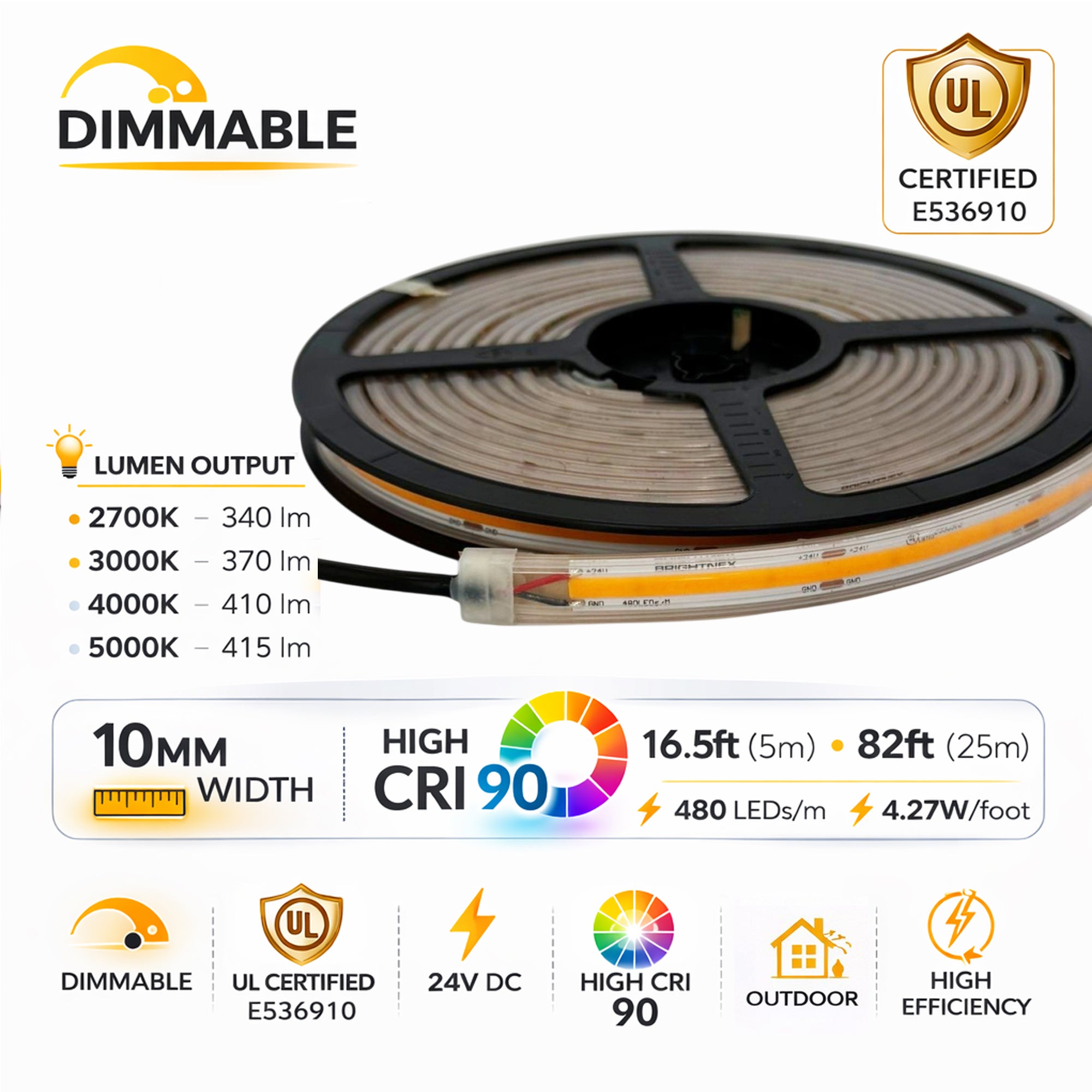 UL certified 24V COB LED strip light specifications showing CRI 90, 10mm width, dimmable outdoor strip