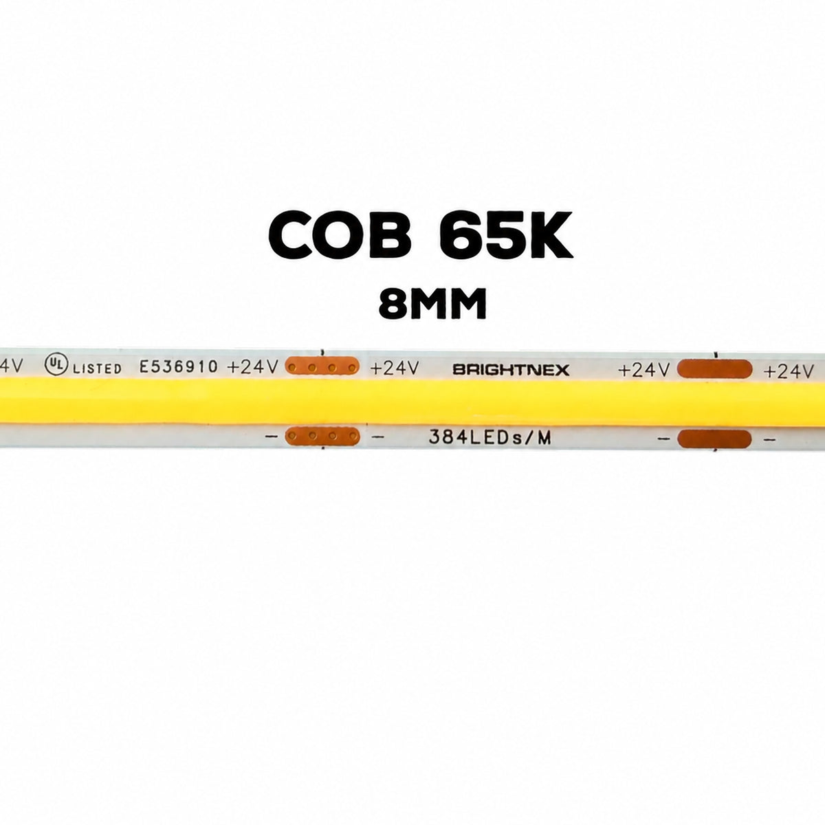 24V COB 6500K 8mm LED strip light with continuous dotless illumination, 384 LEDs per meter and UL listed marking