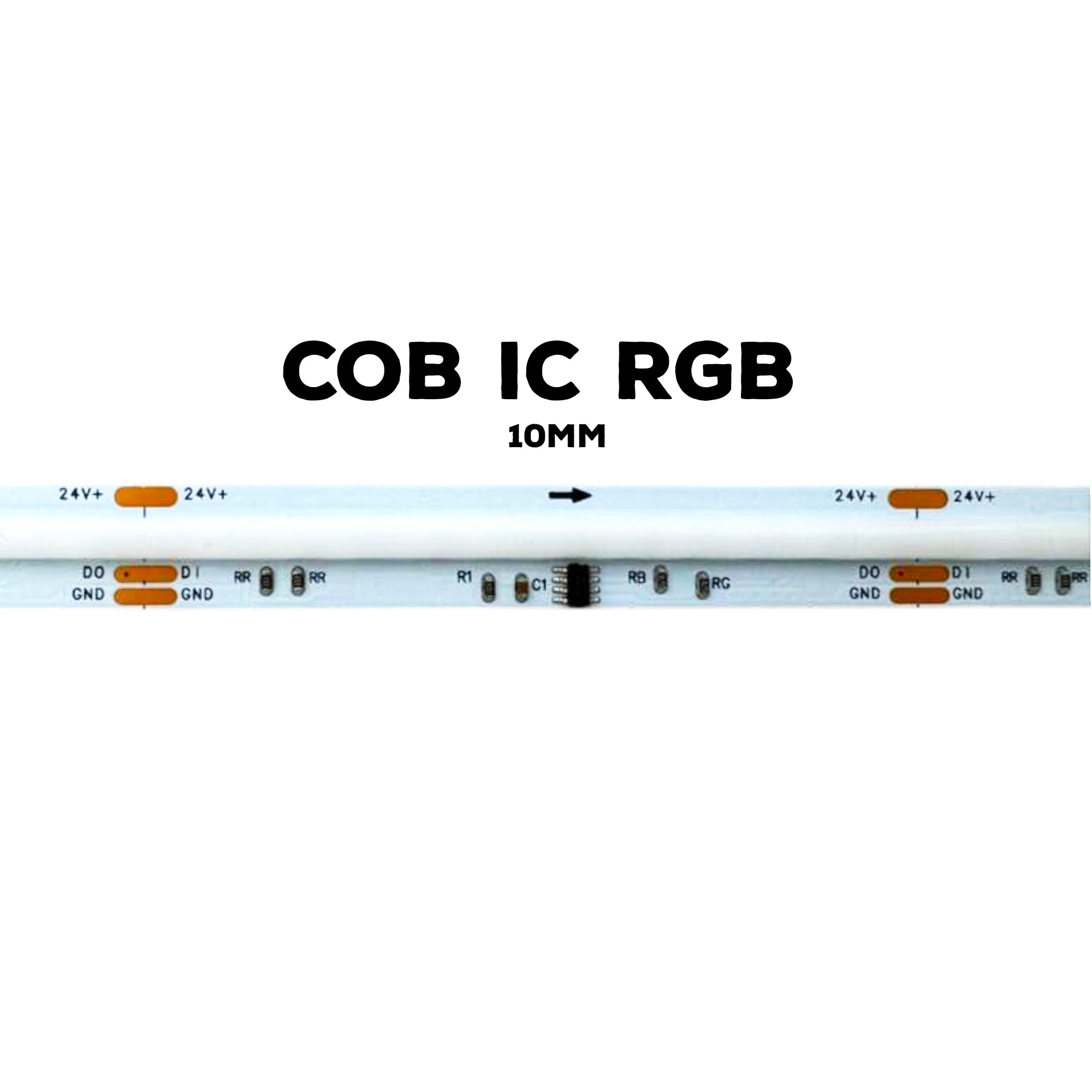 UL certified indoor 24V COB IC RGB LED strip light 10mm width showing strip structure and LED layout