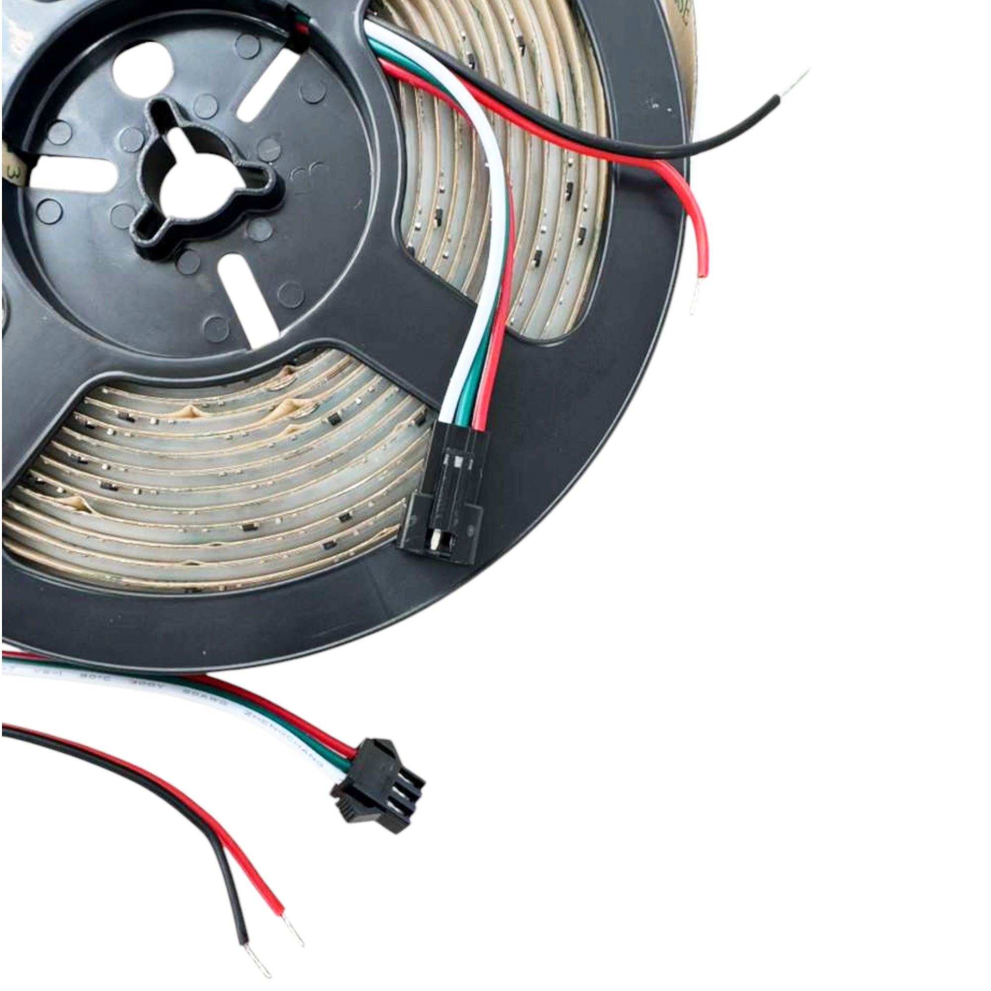 UL certified indoor 24V COB IC RGB LED strip light showing RGB wire connector cables and data connection leads