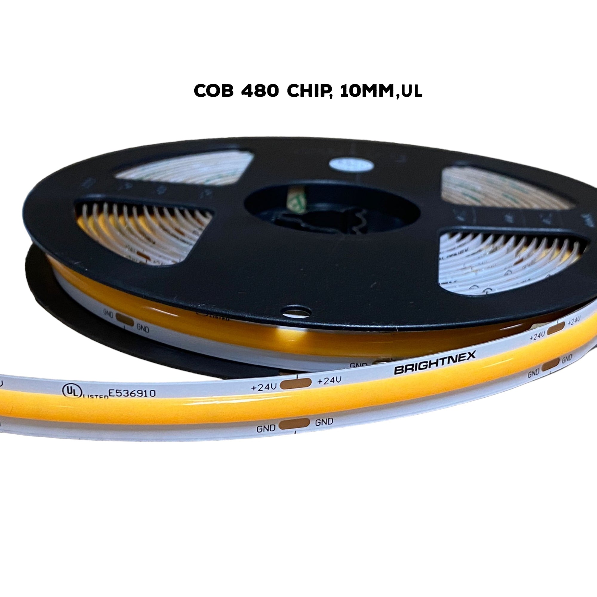 UL certified indoor 24V COB LED strip light 10mm width showing LED strip on reel with high density 480 LEDs per meter