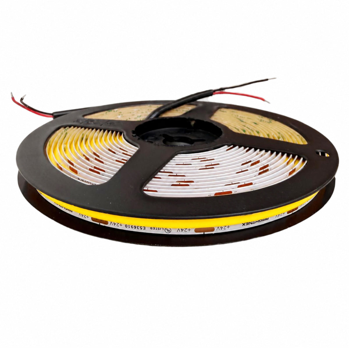 24V COB LED strip light roll with 8mm flexible tape, warm continuous illumination and red and black power wires