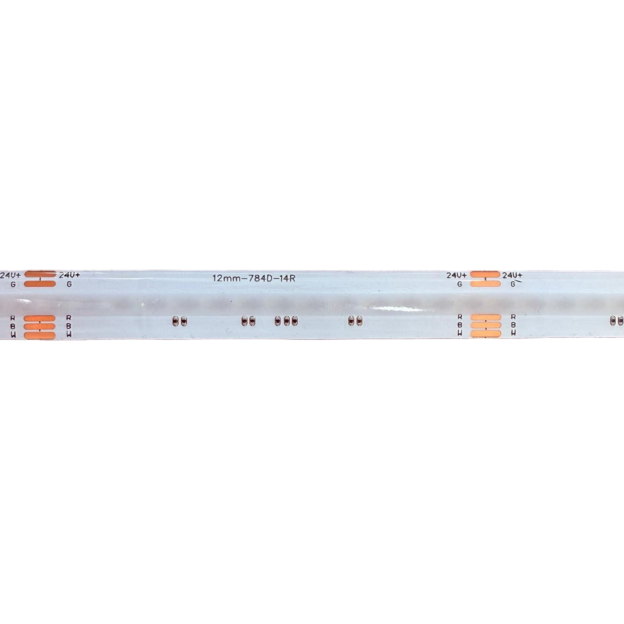 outdoor 24V COB RGBW LED strip light 12mm width IP65 waterproof coating showing RGBW pads