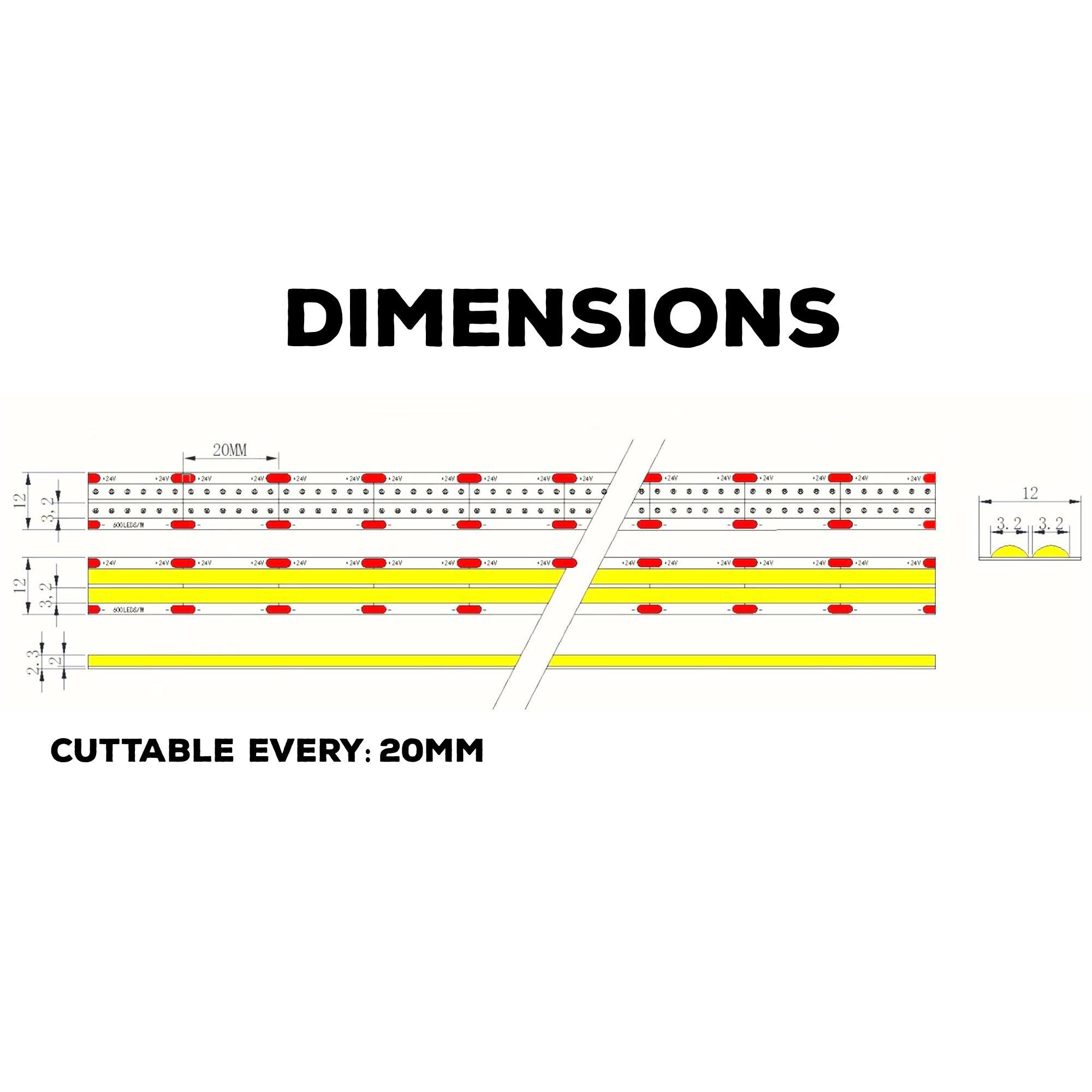 UL certified indoor 24V FCOB double row LED strip light dimension diagram showing 12mm width and 20mm cuttable sections