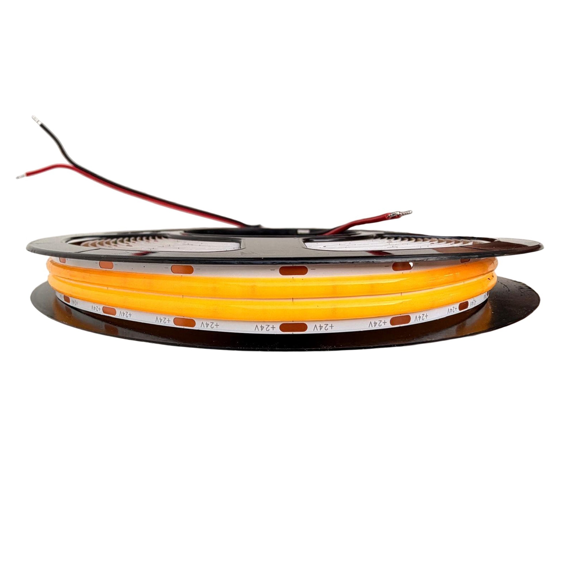 UL certified indoor 24V FCOB double row LED strip light on reel showing power connection wires and dual row LED layout