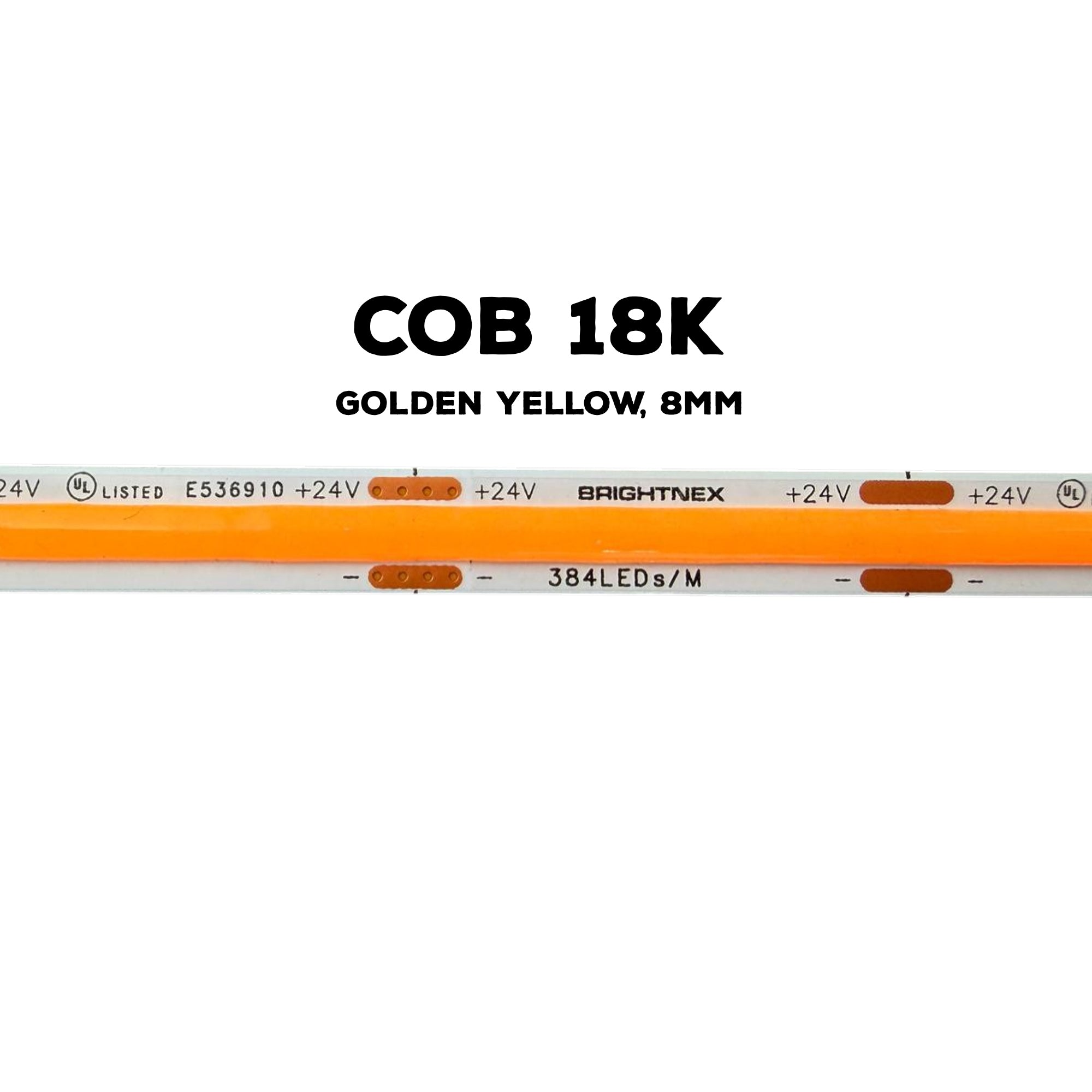 UL certified indoor 24V FCOB LED strip light 8mm width 1800K golden yellow color showing 384 LEDs per meter and PCB layout