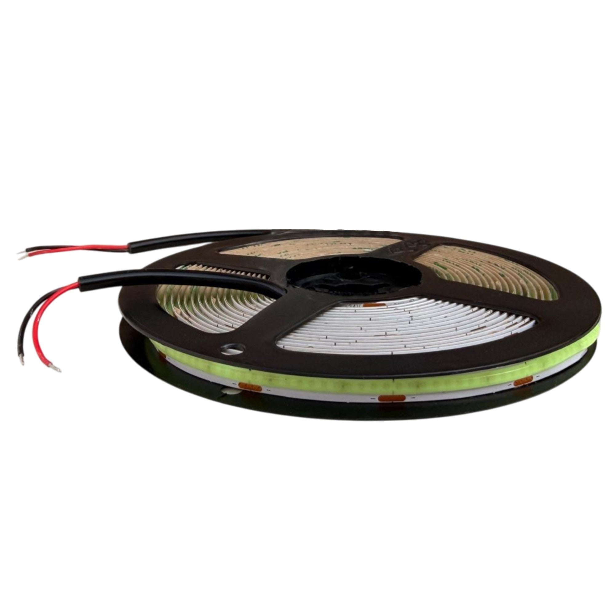 UL certified indoor 24V FCOB LED strip light 8mm width showing ice blue color strip on reel with power connection wires