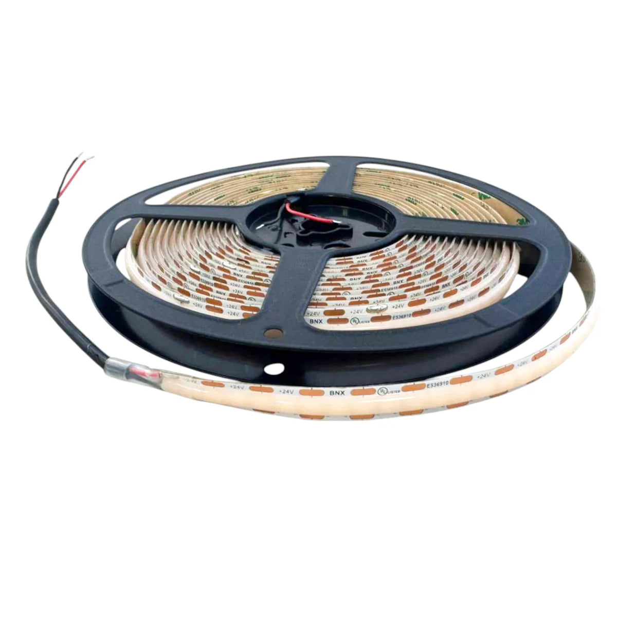 UL certified indoor 24V SCOB LED strip light on reel showing attached power wire and flexible dotless LED strip