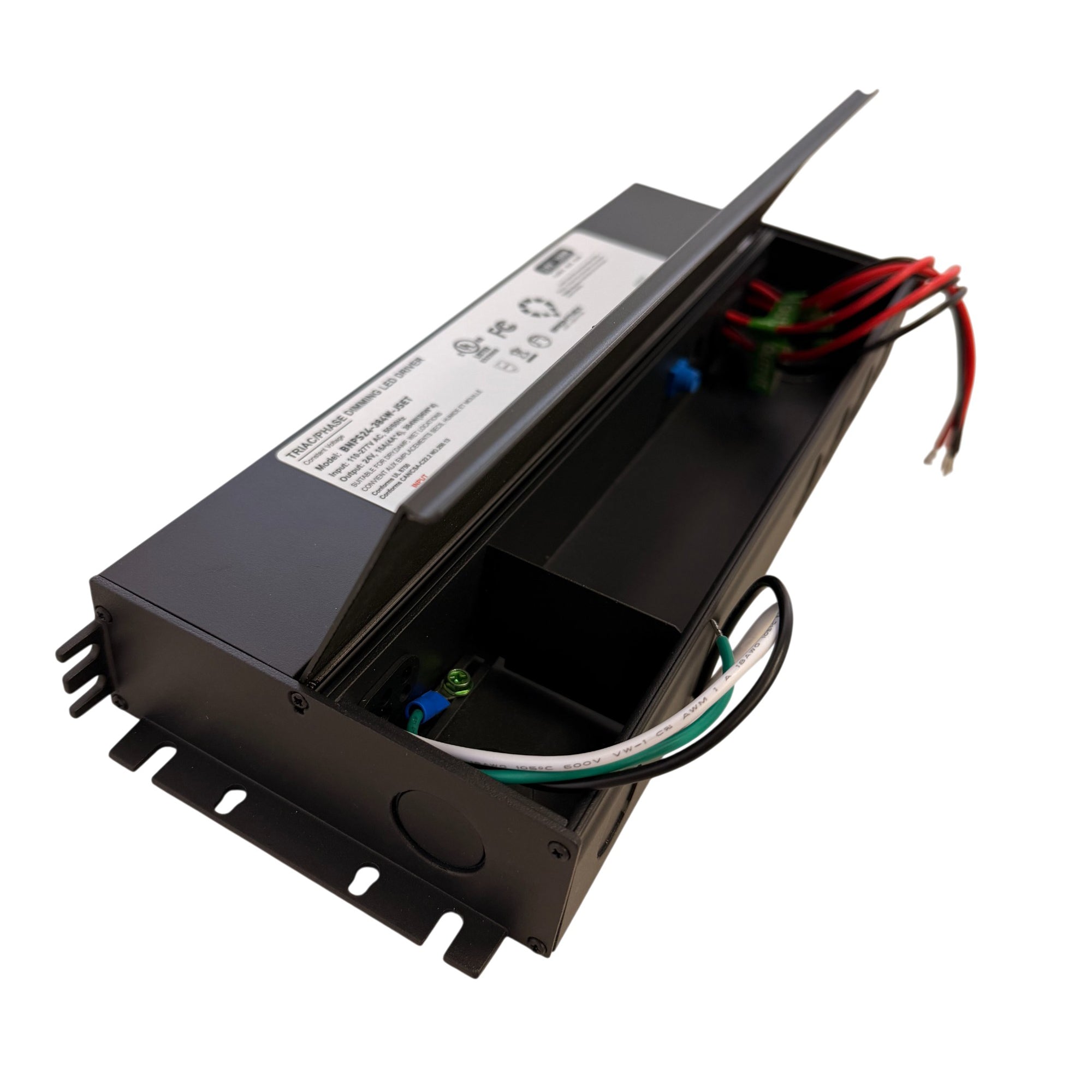384W 24V triac dimmable LED driver with integrated junction box showing internal wiring compartment