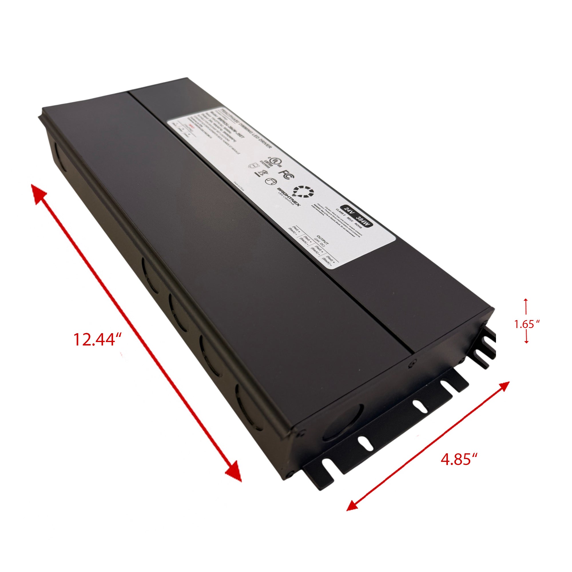 384W 24V LED driver with junction box showing enclosure dimensions and mounting size for installation