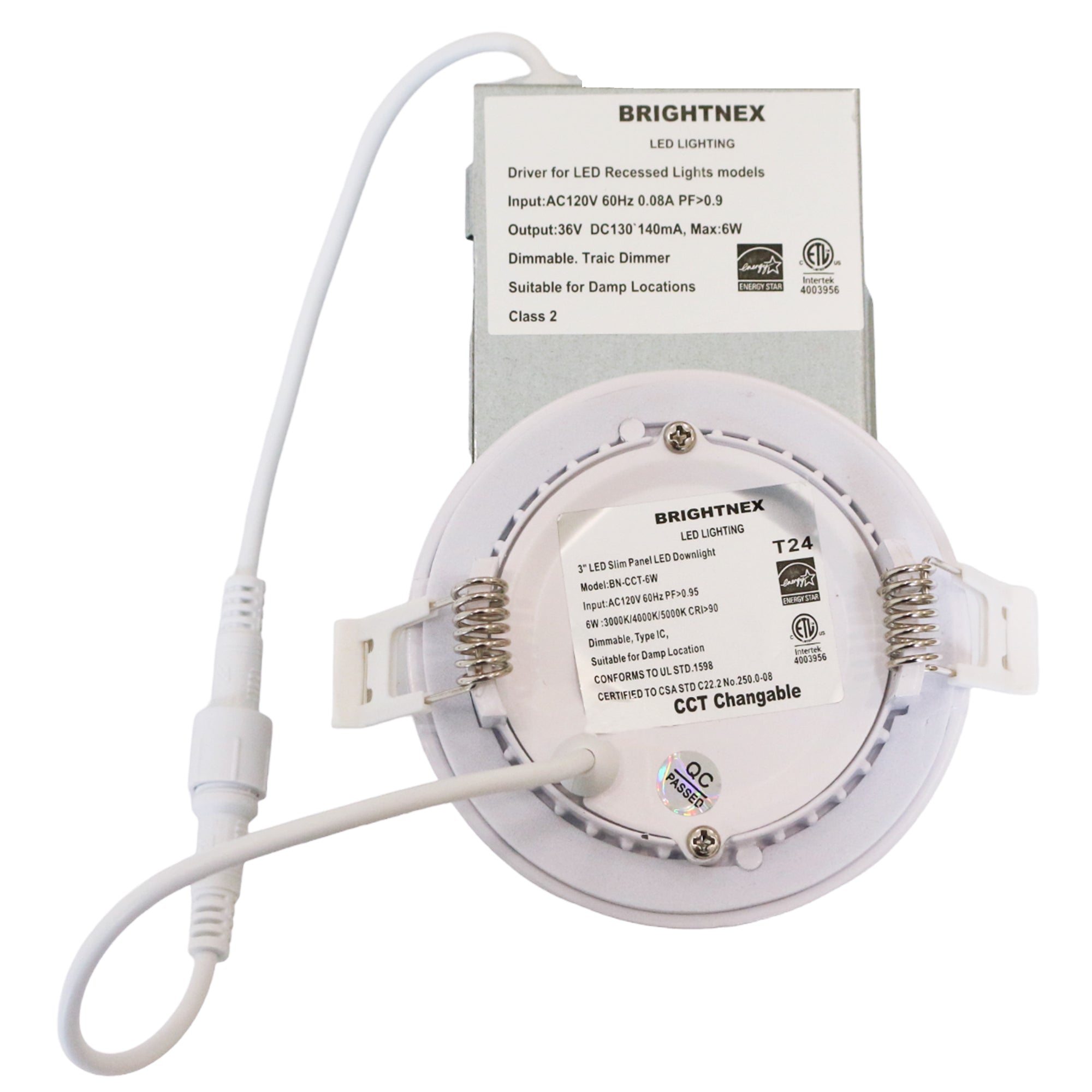 3 inch LED recessed downlight back view showing LED driver junction box dimmable transformer and spring clips