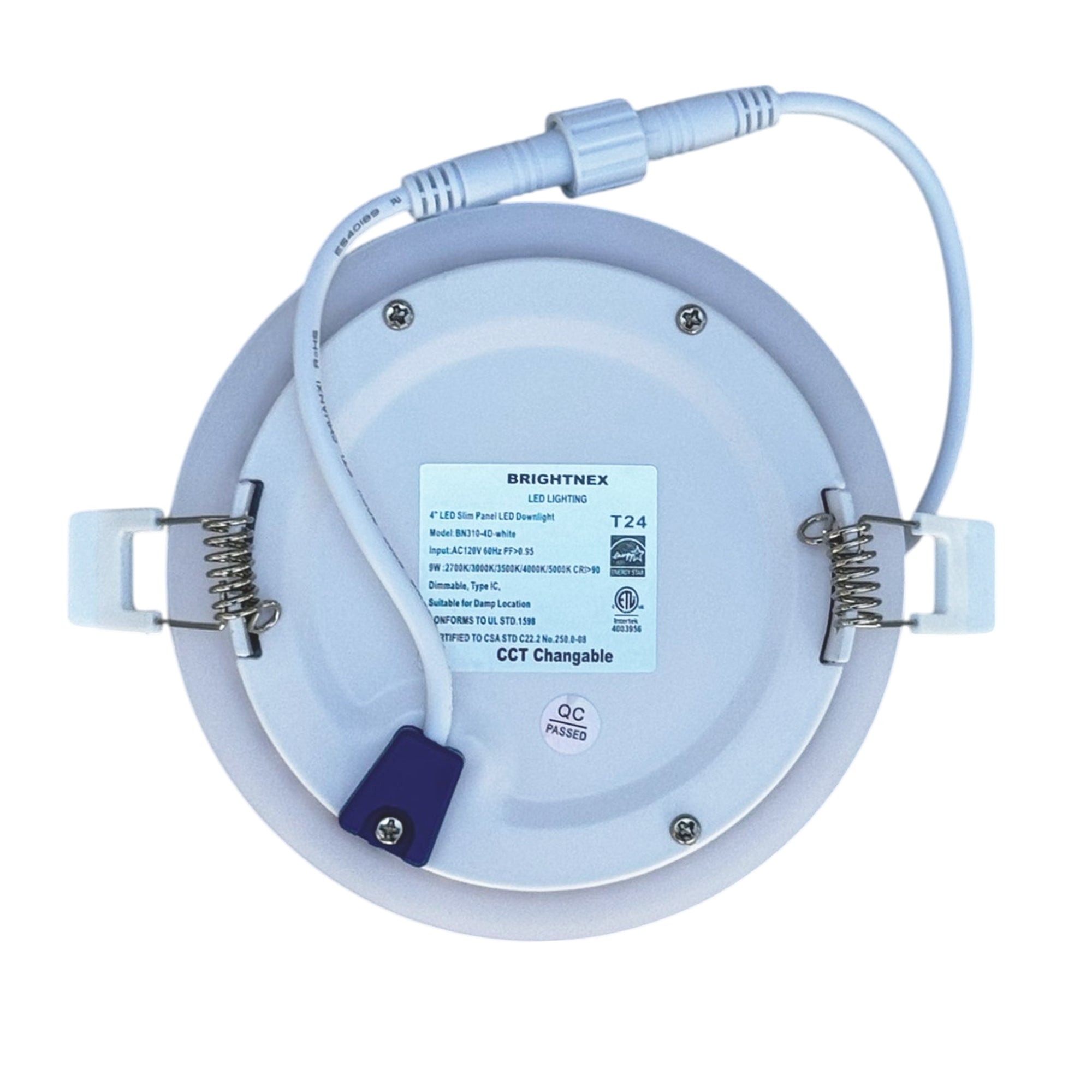 4 inch LED recessed downlight back view showing spring clips cable connector and metal housing