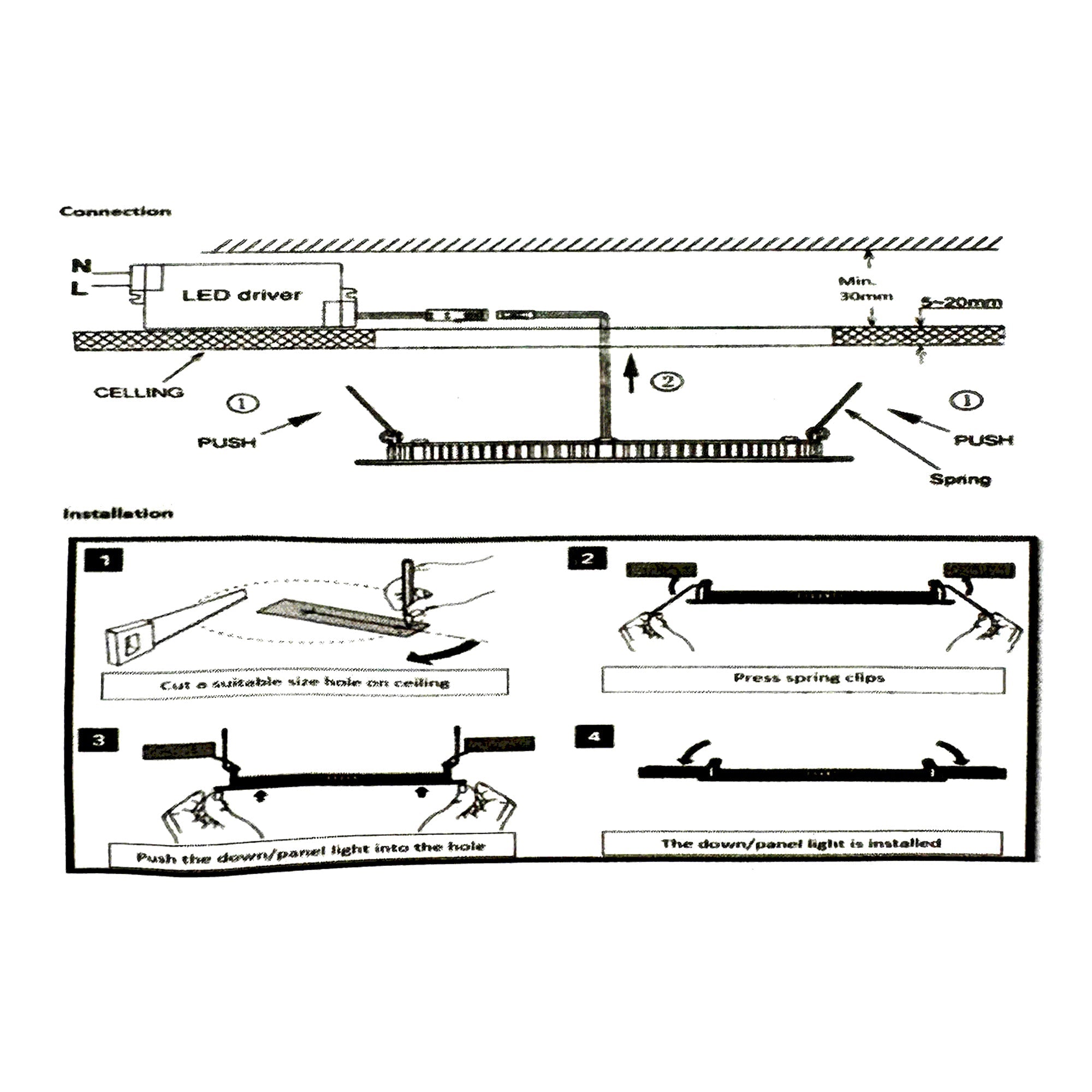 4 inch LED recessed downlight installation steps showing ceiling cutout spring clips and mounting process