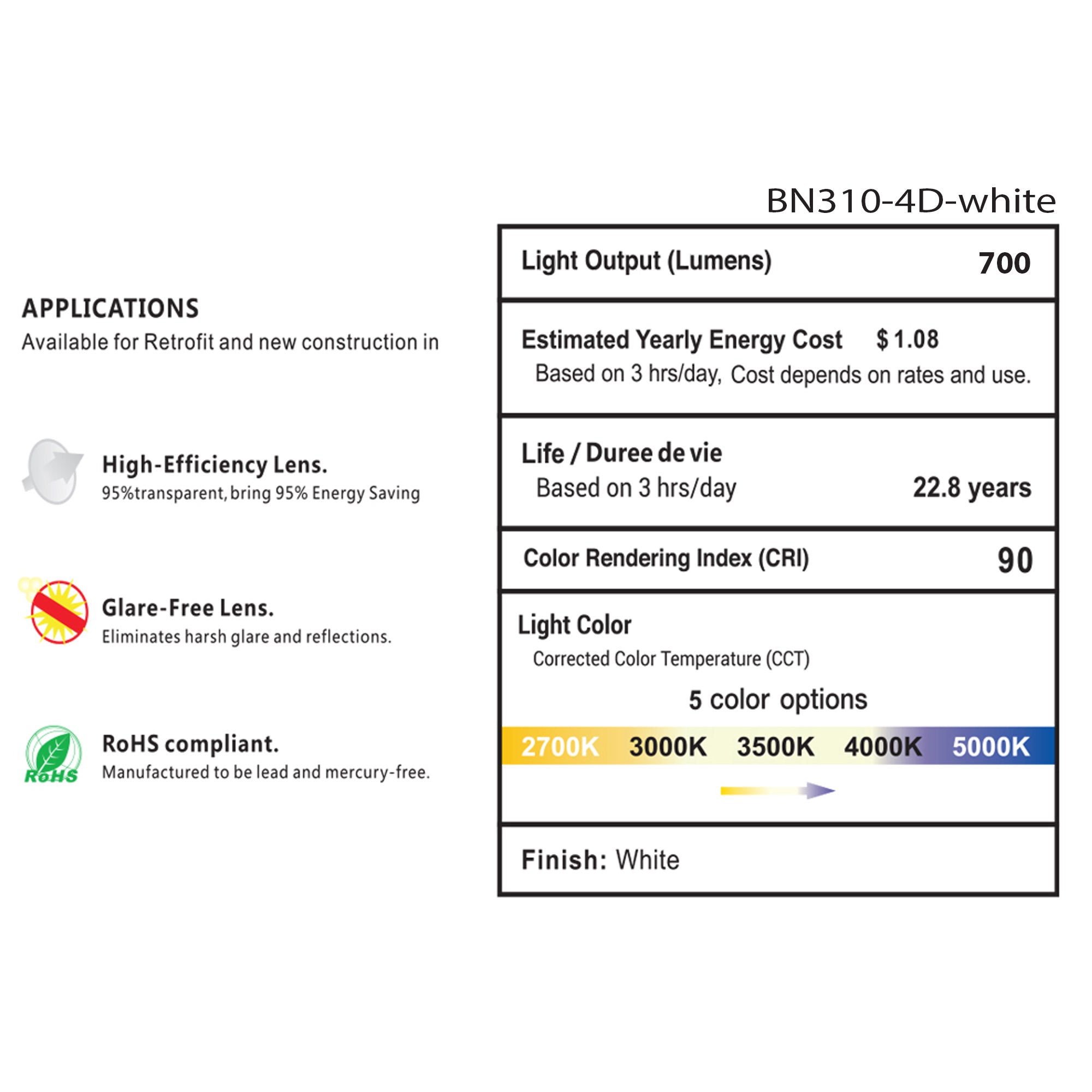 4 inch LED recessed downlight specifications showing 700 lumens CRI90 5CCT color options indoor light